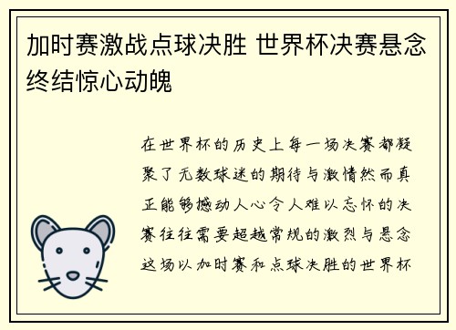 加时赛激战点球决胜 世界杯决赛悬念终结惊心动魄