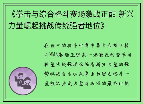 《拳击与综合格斗赛场激战正酣 新兴力量崛起挑战传统强者地位》