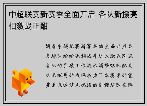 中超联赛新赛季全面开启 各队新援亮相激战正酣