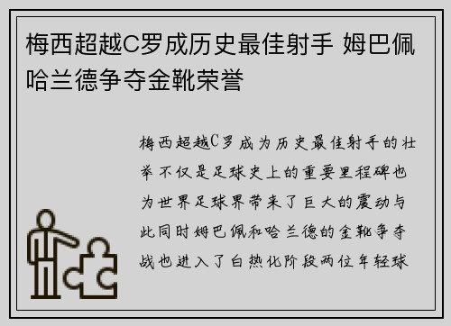 梅西超越C罗成历史最佳射手 姆巴佩哈兰德争夺金靴荣誉