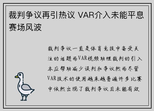 裁判争议再引热议 VAR介入未能平息赛场风波