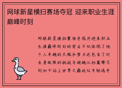 网球新星横扫赛场夺冠 迎来职业生涯巅峰时刻