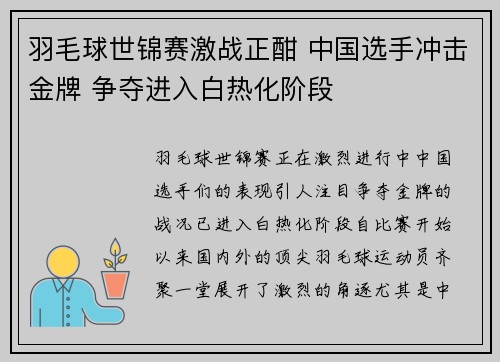 羽毛球世锦赛激战正酣 中国选手冲击金牌 争夺进入白热化阶段