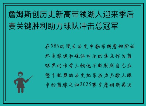 詹姆斯创历史新高带领湖人迎来季后赛关键胜利助力球队冲击总冠军