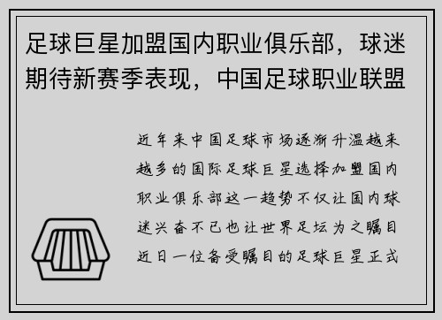 足球巨星加盟国内职业俱乐部，球迷期待新赛季表现，中国足球职业联盟筹备组