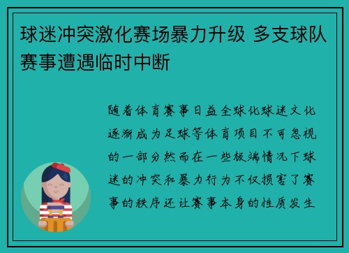 球迷冲突激化赛场暴力升级 多支球队赛事遭遇临时中断
